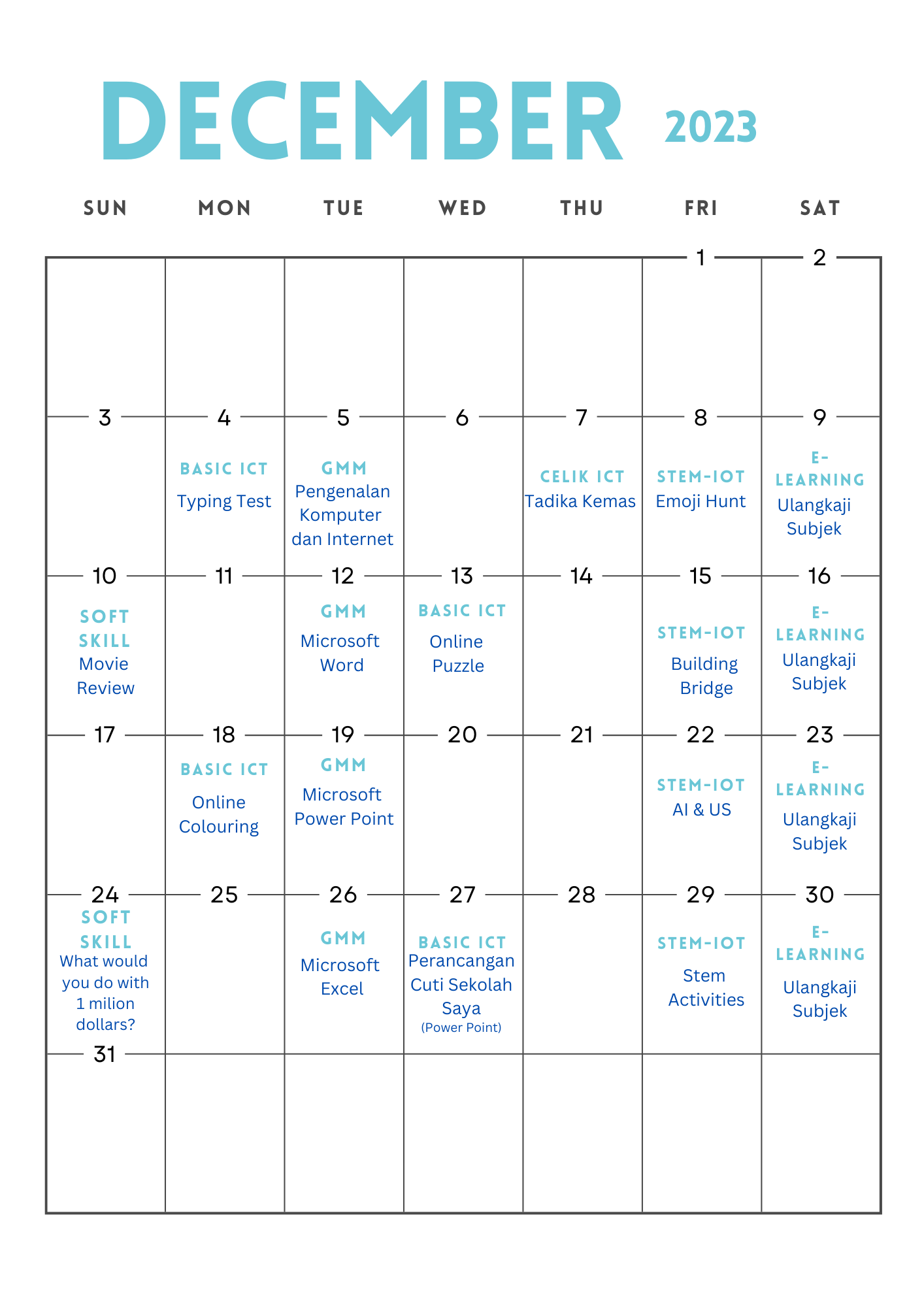Blue Minimalistic December 2023 Calendar Monthly Planner