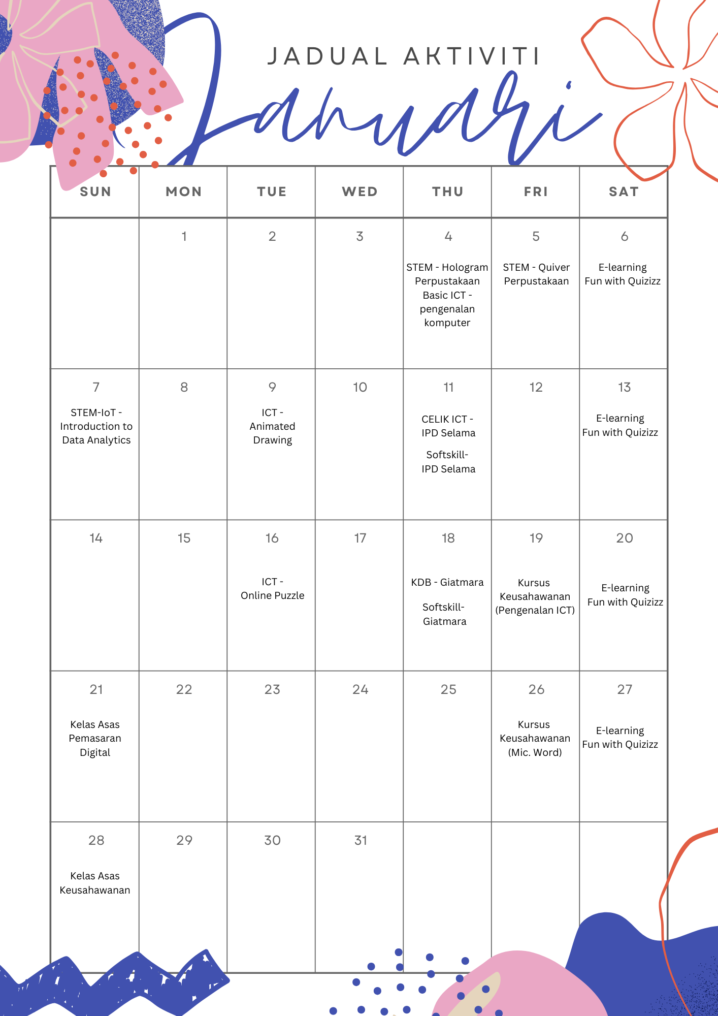 Feminine Floral January 2024 Calendar Monthly Planner